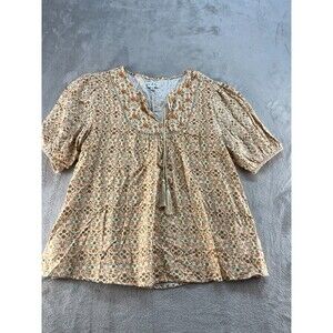 Wonderly Floral Top Womens Large Tie Front Top Short Sleeve Cotton Blend Boho